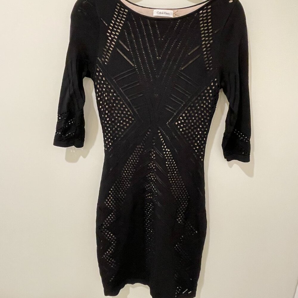 Calvin Klein Nude-Lined Black Mesh Bodycon Dress – Size Small
